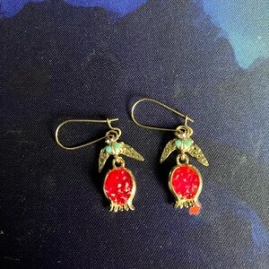 Gold-Tone Red Pomegranate Drop Earrings with Turquoise Accent